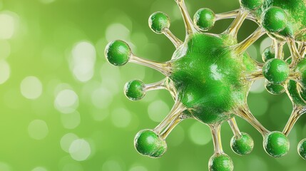 Poster - Close-up View of Green Microorganism with Bokeh Background in Vibrant Green Color Palette for Science and Education