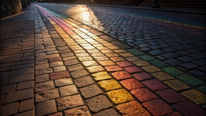 Aufkleber - The image captures the interplay of light and shadow across the stone pavers emphasizing the depth of the alternating layers. Sunlight dances on the uneven surfaces highlighting