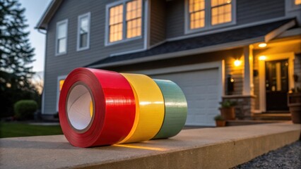 Aufkleber - The image focuses on the rich colors of the selfadhesive weather tape with vibrant hues contrasting against the muted tones of the house wrap. Light dances across the surfaces
