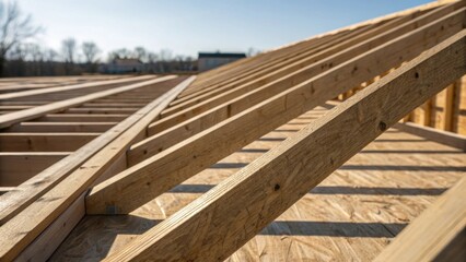 Aufkleber - The interplay of light and shadow on a series of sheathing boards arranged horizontally and vertically creating a geometric pattern against a blurred backdrop of the ongoing