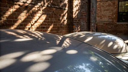 Poster -  the smooth surfaces reflect the overhead light casting playful shadows against the backdrop of weathered brick.