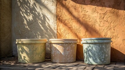 Aufkleber - This image captures the interplay of light and shadow on the textured stucco mix tubs their surfaces reflecting subtle variations in color. A wall behind them stands ready for