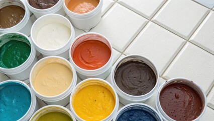 Aufkleber - Various sized tubs of tile grout tered elegantly on a pristine white surface the vibrant hues reflecting the meticulous organization and preparation involved in the renovation