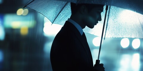 Canvas Print - a man is walking in the rain with an umbrella