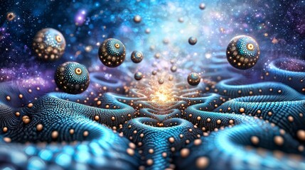 Poster - Ethereal Cosmic Landscape with Vibrant Spheres Floating Above a Wavy Abstract Background in Space
