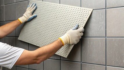 Aufkleber - Zooming in on the installation process a craftsman is carefully positioning a sheet of perforated cement board against a tiled wall. The subtle sheen of waterresistant treatment