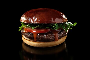 Wall Mural - A mouthwatering burger featuring a juicy beef patty, fresh lettuce, and ripe tomato on a glossy brioche bun.