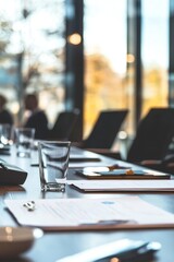 Poster - A glass of water sits on a table in front of a group of people