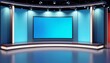 © OS - Modern TV Studio with Blue Screen and Illuminated Platform.Studio setting. Corporate video production. Media broadcast. Event promotions.Innovation. Technology. Professionalism.