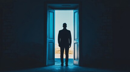 Wall Mural - A man stands in front of an open door, looking out into the distance