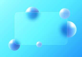 Poster - glass morphism, vector website landing page template. frosted glass partition with floating blue sph