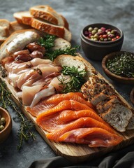 Wall Mural - A colorful display of fresh seafood and artisan bread, featuring salmon and other delicacies.