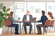 © JAYDESIGNZ - Business professionals engaged in lively, positive conversation during meeting. Mature HR manager hold job interview with applicant, smile, lead talk gathered at conference desk. Briefing, negotiation
