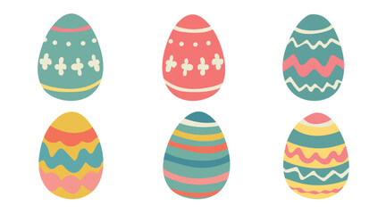 Easter egg, painted with flowers, waves, stripes. Vector set of Easter eggs in flat style on white background.