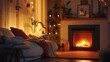 © SuperStockGallery - Cozy Living Room with Fireplace, Warm Lighting, and Knitted Blanket at Night - Hygge Atmosphere