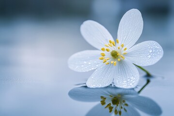 A white flower is floating on the surface of a body of water