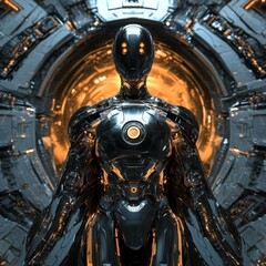 Poster - A futuristic depiction of a sleek, black robot standing in a technologically advanced environment