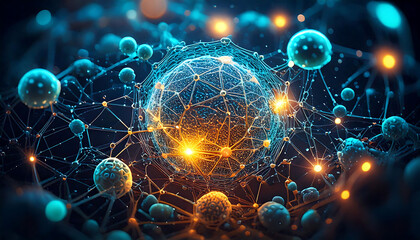 Poster - Stunning abstract image depicting a complex network of interconnected spheres, glowing with vibrant blue and orange hues.