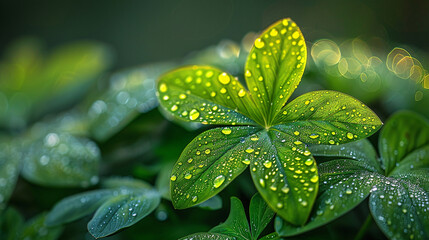 Wall Mural - Raindrops on lush green leaves in the rainforest