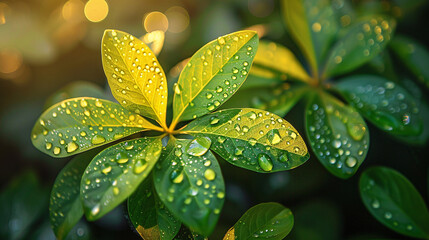 Wall Mural - Raindrops on lush green leaves in the rainforest