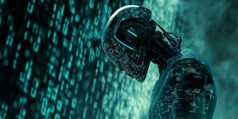 Poster - Robot is standing in front of a wall of binary code