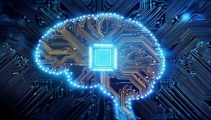 Poster - intricate circuit board with illuminated brain symbol representing artificial intelligence technolog