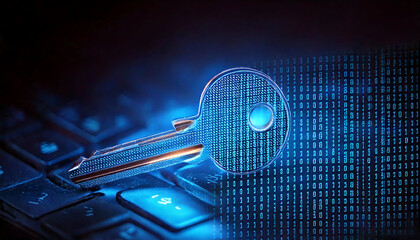 Poster - Cybersecurity concept: A glowing digital key rests on a laptop keyboard, binary code shimmering in the background.  Ideal for illustrating data protection, online security, or digital access.