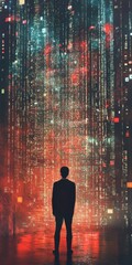 Poster - Person Surrounded by Digital Network Data in a Futuristic Space with Bright Colors