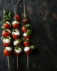 Wall Mural - Vibrant vegetable skewers featuring cherry tomatoes, fresh basil, and creamy mozzarella on a dark background.