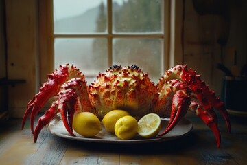 Wall Mural - A vibrant red crab with spiky claws sits on a wooden plate alongside fresh lemons by a window.