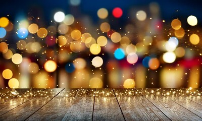 Poster - Festive Bokeh Lights with Wooden Table