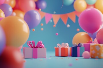 A festive birthday background with a cheerful banner, vibrant balloons, and neatly arranged gifts.