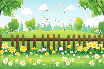 idyllic spring scene cheerful birds & flowers behind a wooden fence in a vibrant green meadow. perfe