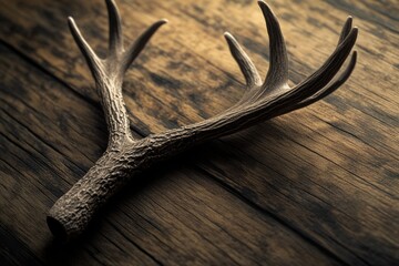 close-up of a single deer antler resting on a rustic wooden surface.