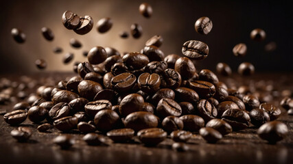 Many roasted brown coffee beans float midair. Suitable for coffee shop menus, social media posts, or advertising for coffee brands