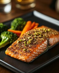 Wall Mural - Delicious grilled salmon fillet garnished with pistachios, served with broccoli and carrots.