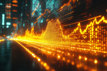 Poster - Financial data visualization with glowing orange graphs and charts
