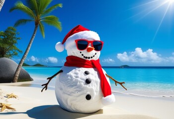 Snowman enjoying a sunny beach day wearing sunglasses and a Santa hat on tropical sand at the shoreline