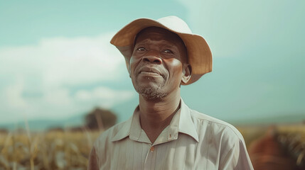 Wall Mural - An African man wearing a straw hat and white shirt is standing in a field. He is smiling.