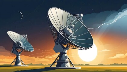 two large satellite dishes at sunset under a starry sky