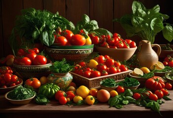 Wall Mural - vibrant textured backgrounds showcase vivid food arrangements fresh ingredients beautiful plates culinary inspiration, color, presentation, fruit, vegetable