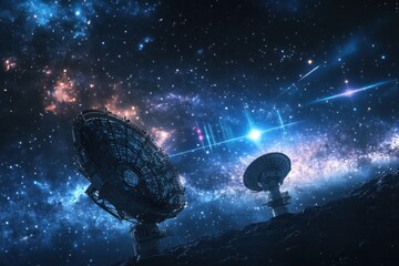 Poster - exploring the cosmos with powerful radio telescopes under a starry night sky