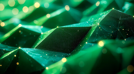 Poster - green abstract low poly triangle field creates a mesmerizing polygonal technology background, offering a visually stunning 3D render that captivates imagination with its intricate and futuristic desig