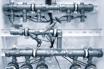 Aufkleber - pipes and faucet valves of heating system in a boiler room