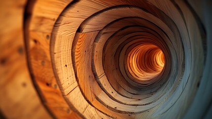 Canvas Print - Abstract wooden tunnel interior with concentric circles and warm light at the end.