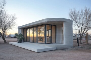 Sticker - Innovative 3D printed house in a desert setting showcasing modern architecture at sunset