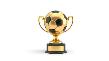 3d illustration render for a golden trophy in the shape of a soccer ball with handles on a metal base isolated on a white background.Gold cup and soccer ball.Award football trophy cup