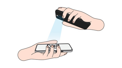 Poster - QR Code Payment Concept: Customer Scanning QR Code on Retailer's Mobile Screen with Smartphone in Hand