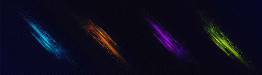 Fototapete - Set of abstract vertical light effects of bright chaotic lines (gold, purple, blue, green) of light of flickering particles. Bright explosion of light of flickering rays on transparent background.