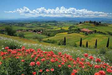 Wall Mural - Scenic Tuscan landscape with colorful wildflowers, rolling hills, and distant mountains under a blue sky.